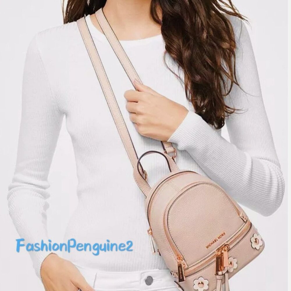 Michael Kors Mini Rhea Daisy Small Floral Appliqué Leather Backpack Pink/Cream - Picture 14 of 14